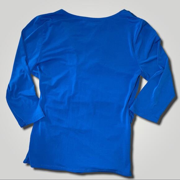 ELLEN TRACY RUCHED EXPOSED ZIPPER SPLICED / WRAP  V-NECK BRIGHT BLOUSE BLUE - M - Picture 2 of 5